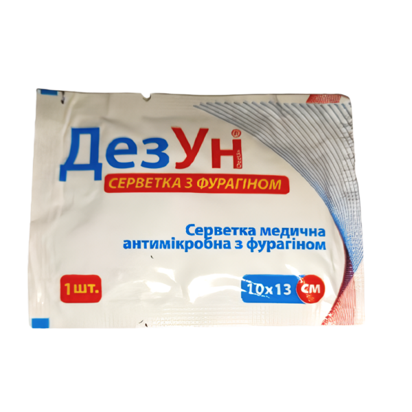 Серветка антисептична з фурагіном 13 см × 10 см (130 × 100 мм) ДезУн №1 для обробки ран
