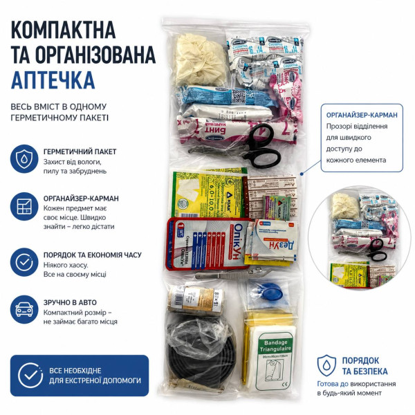 Аптечка автомобільна «Євростандарт» DIN 13164 BASED PRO-Aptechka (28 предмета (49 шт))