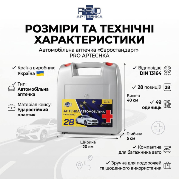 Аптечка автомобільна «Євростандарт» DIN 13164 BASED PRO-Aptechka (28 предмета (49 шт))