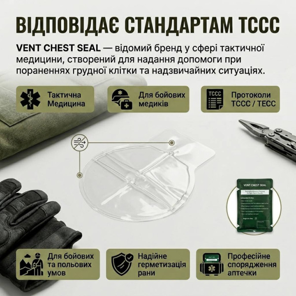 Оклюзійна пов'язка-наліпка Chest Seal без клапана торакальна при пневмотораксі (невентильована)