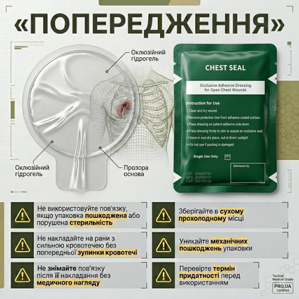 Оклюзійна пов'язка-наліпка Chest Seal без клапана торакальна при пневмотораксі (невентильована)