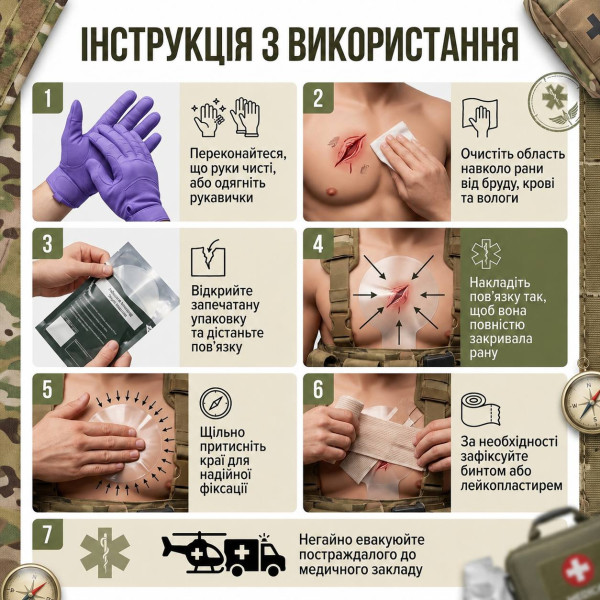 Оклюзійна пов'язка-наліпка Chest Seal без клапана торакальна при пневмотораксі (невентильована)
