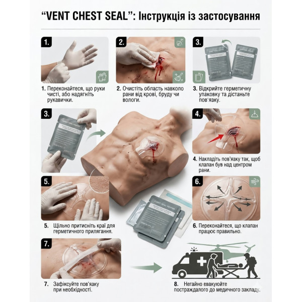 Оклюзійна пов'язка-наліпка Chest Seal вентильована з клапаном торакальна при пнєвмотороксі VENT CHEST SEAL 