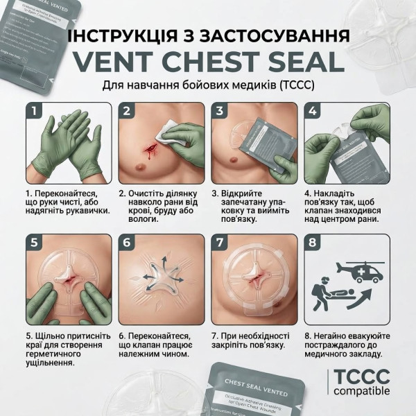 Оклюзійна пов'язка-наліпка Chest Seal вентильована з клапаном торакальна при пнєвмотороксі VENT CHEST SEAL 