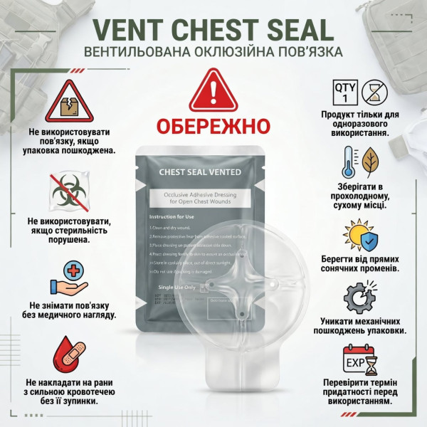 Оклюзійна пов'язка-наліпка Chest Seal вентильована з клапаном торакальна при пнєвмотороксі VENT CHEST SEAL 