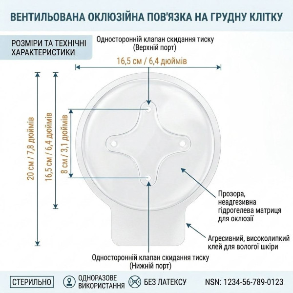 Оклюзійна пов'язка-наліпка Chest Seal вентильована з клапаном торакальна при пнєвмотороксі VENT CHEST SEAL 